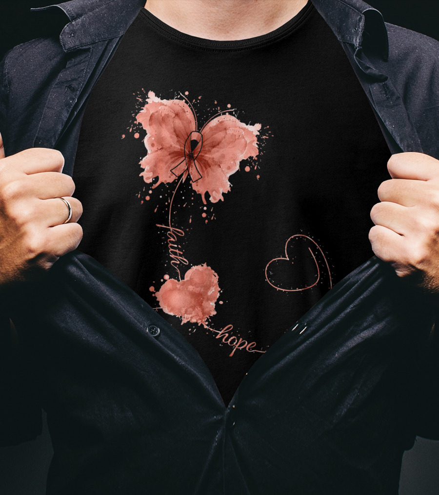 Faith Hope Love Butterfly Ribbon Uterine Cancer Awareness T-Shirt