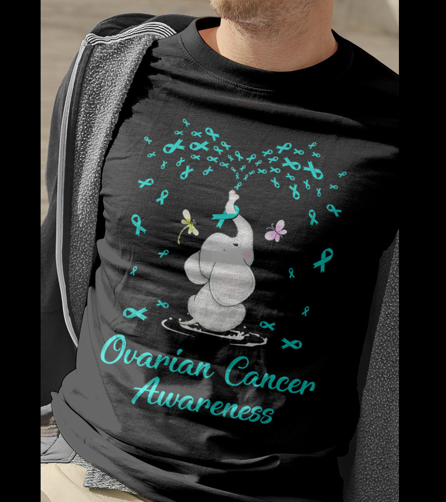 Ovarian Cancer Awareness Elephant With Ribbon And Butterflies T-Shirt