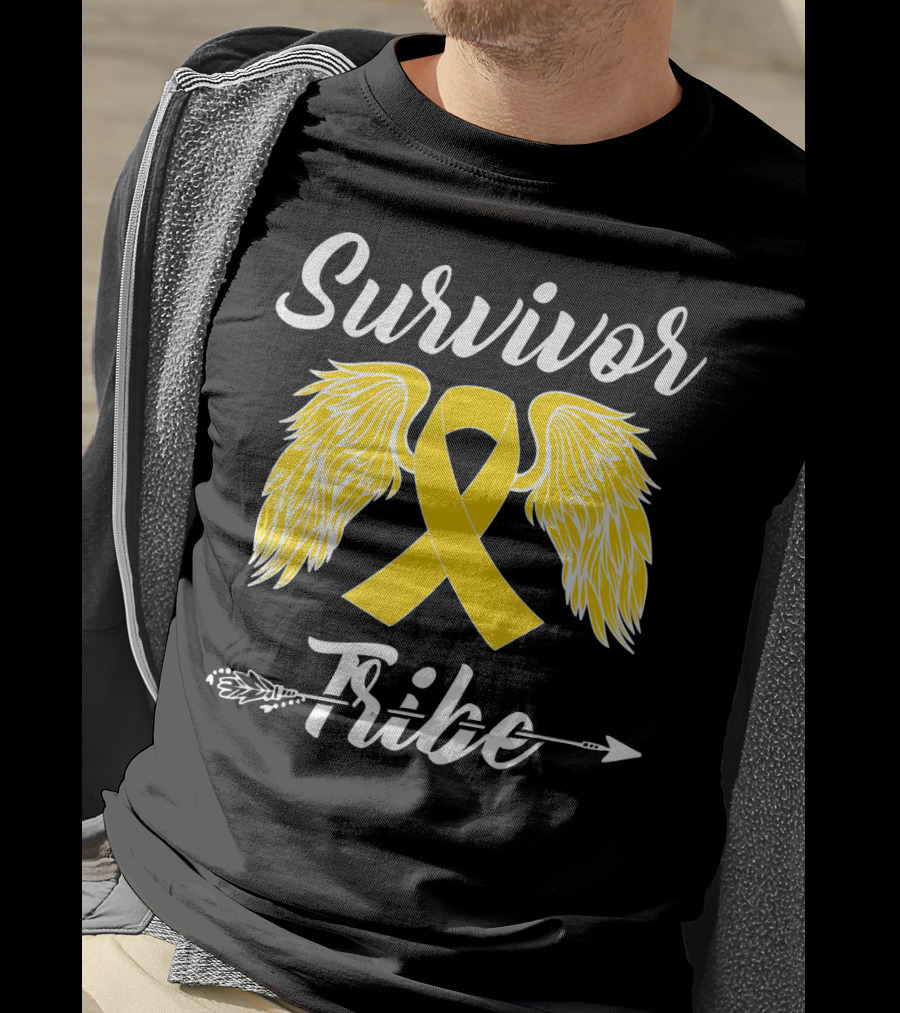 Survivor Tribe Childhood Cancer Awareness Yellow Ribbon Wings T-Shirt