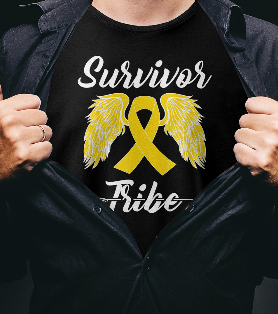 Survivor Tribe Childhood Cancer Awareness Yellow Ribbon Wings T-Shirt