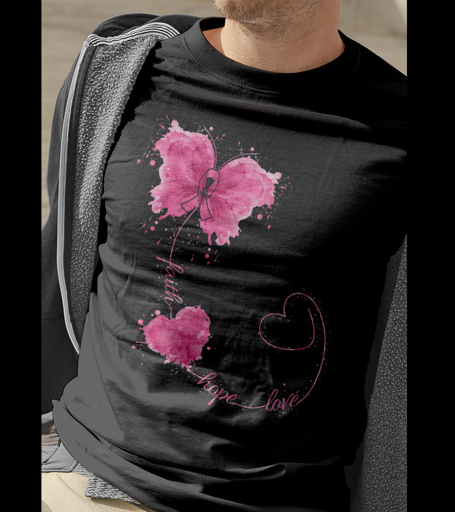 Faith Hope Love Butterfly With Pink Ribbon Breast Cancer Awareness T-Shirt