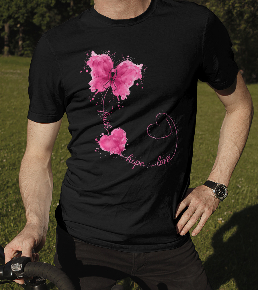 Faith Hope Love Butterfly With Pink Ribbon Breast Cancer Awareness T-Shirt