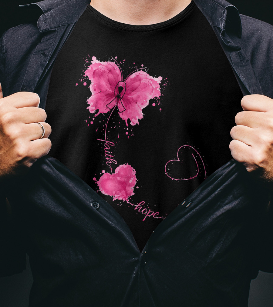 Faith Hope Love Butterfly With Pink Ribbon Breast Cancer Awareness T-Shirt