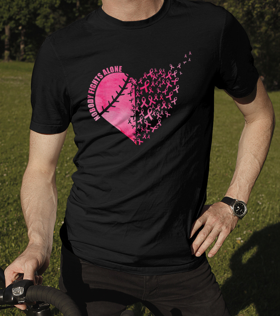 Nobody Fights Alone Heart Pink Ribbons Baseball Softball T-Shirt