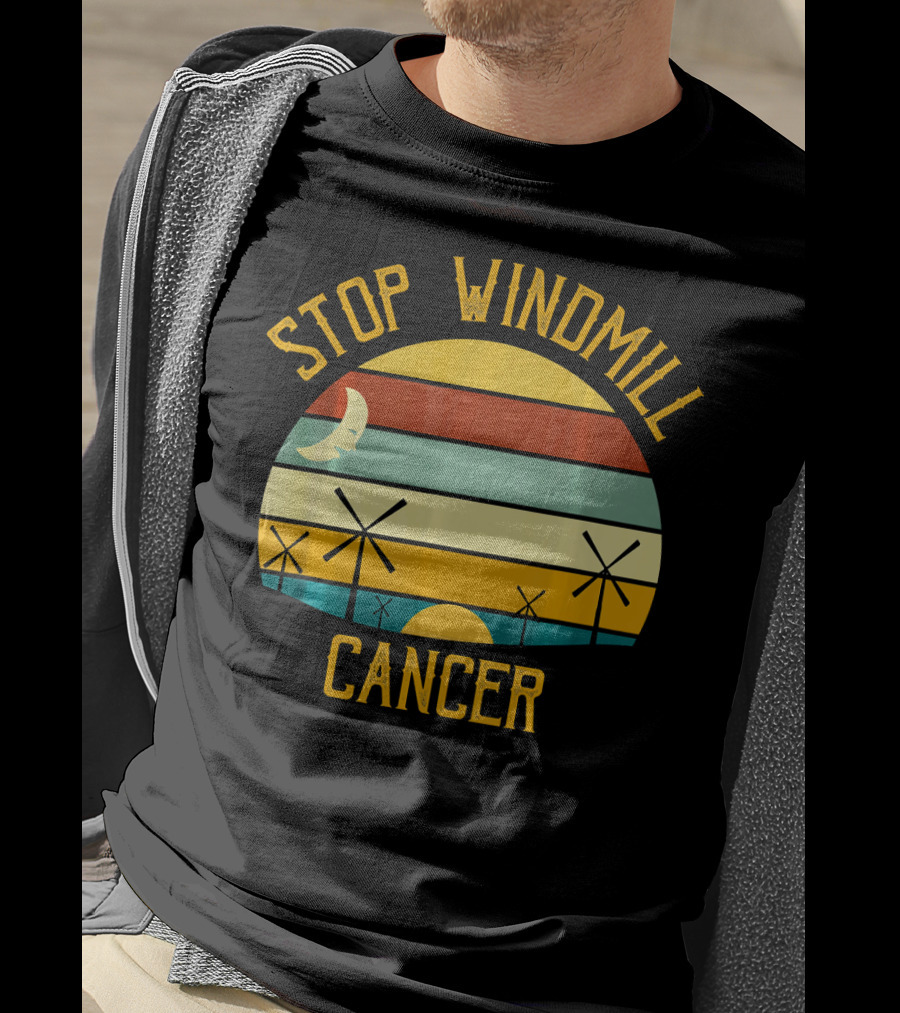 Stop Windmill Cancer Awareness Moon Sunset Stripes T-Shirt