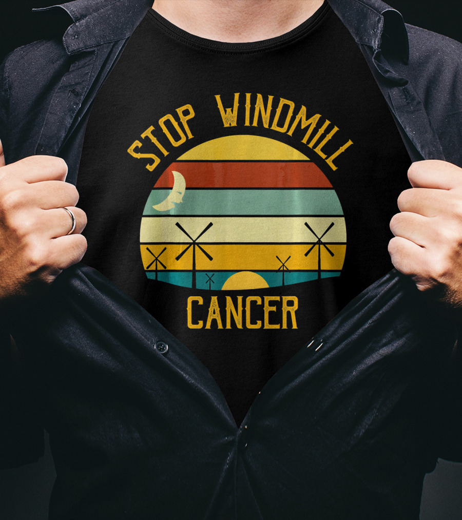Stop Windmill Cancer Awareness Moon Sunset Stripes T-Shirt