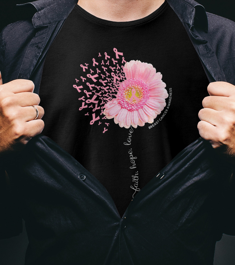 Faith Hope Love Dandelion Daisy Breast Cancer Awareness T-Shirt