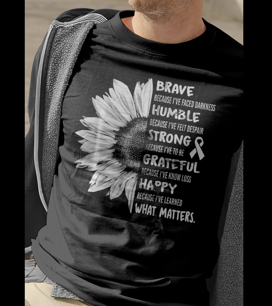 Brave Humble Strong Grateful Happy Sunflower White Ribbon Lung Cancer Awareness T-Shirt
