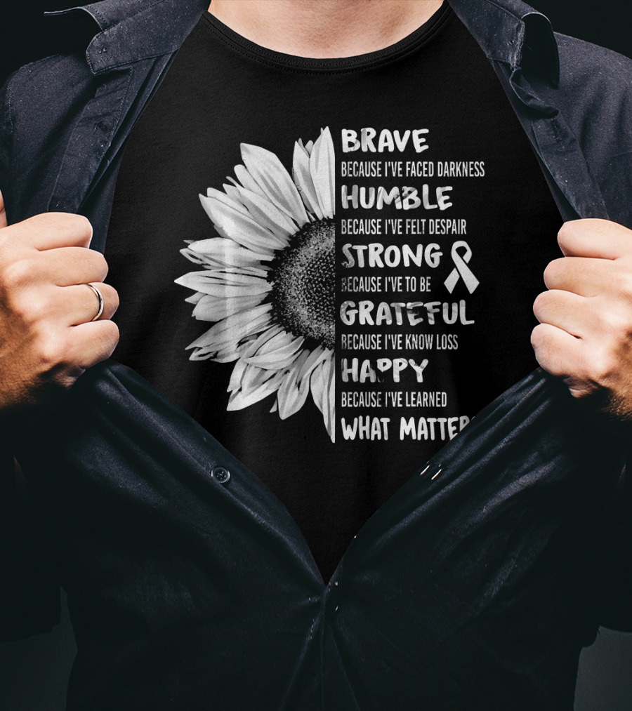 Brave Humble Strong Grateful Happy Sunflower White Ribbon Lung Cancer Awareness T-Shirt