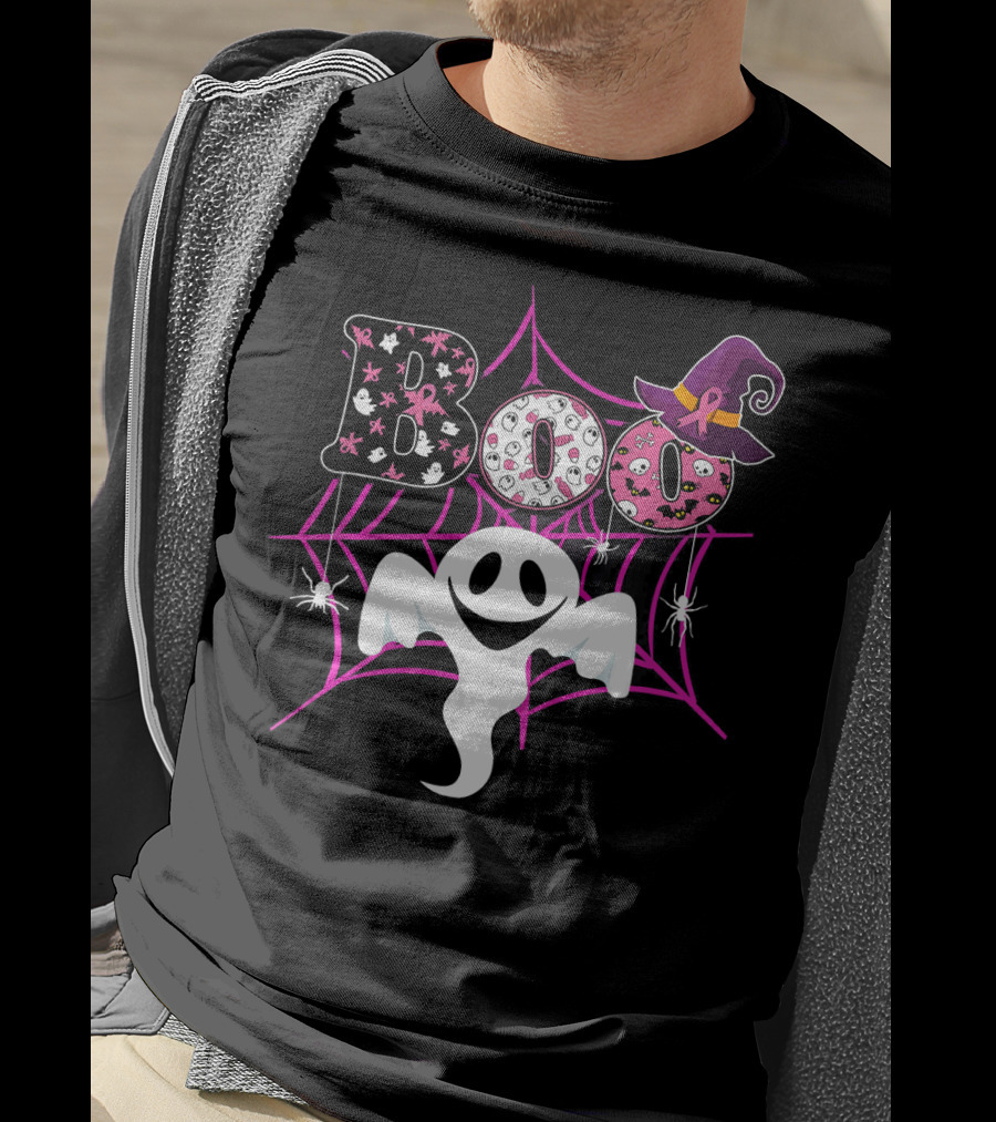 BOO Ghost Pink Ribbon Breast Cancer Awareness Halloween Spider Web Hat T-Shirt