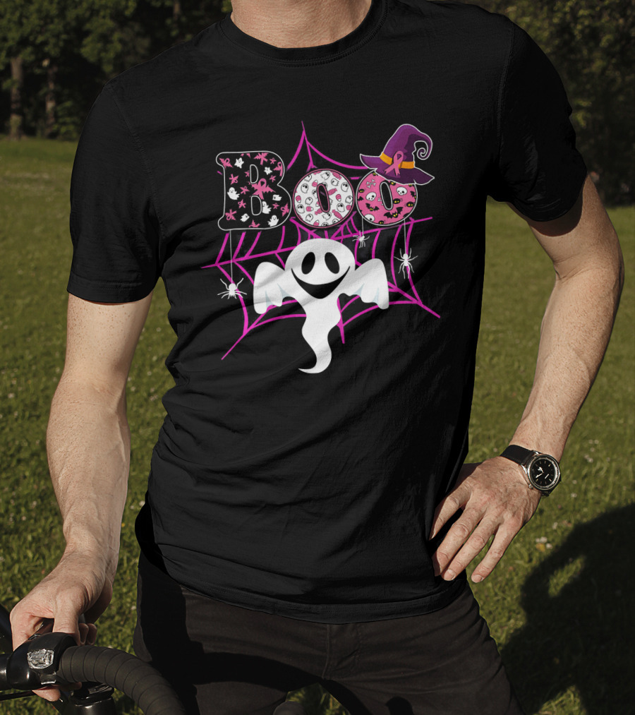 BOO Ghost Pink Ribbon Breast Cancer Awareness Halloween Spider Web Hat T-Shirt