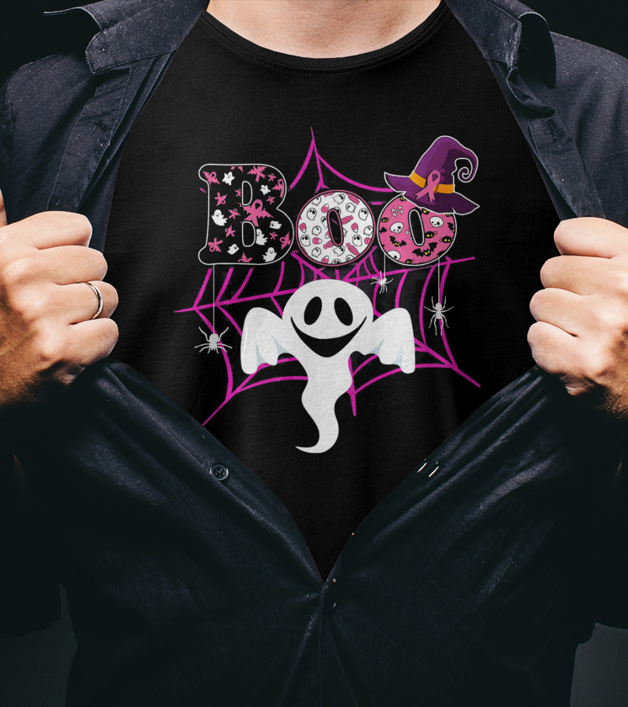 BOO Ghost Pink Ribbon Breast Cancer Awareness Halloween Spider Web Hat T-Shirt