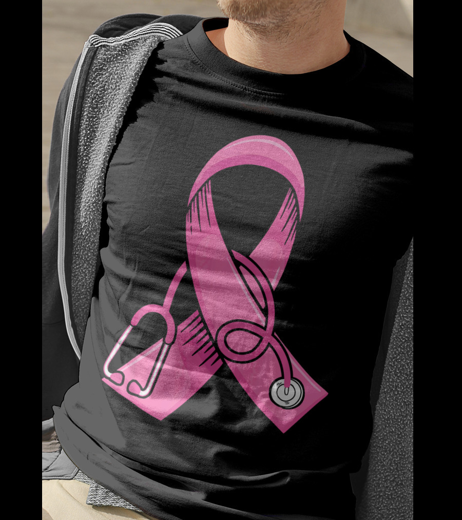 Pink Ribbon Heartbeat Nurse Doctor Breast Cancer Awareness Stethoscope T-Shirt