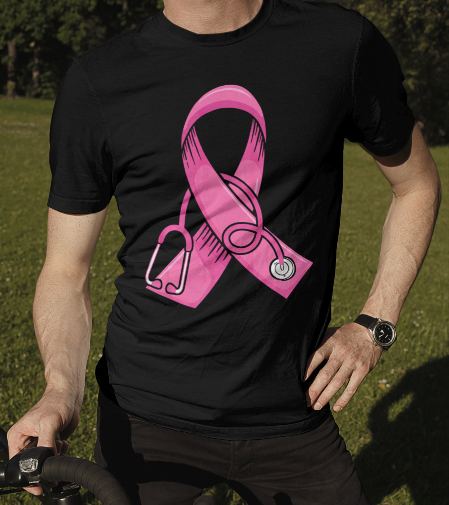 Pink Ribbon Heartbeat Nurse Doctor Breast Cancer Awareness Stethoscope T-Shirt