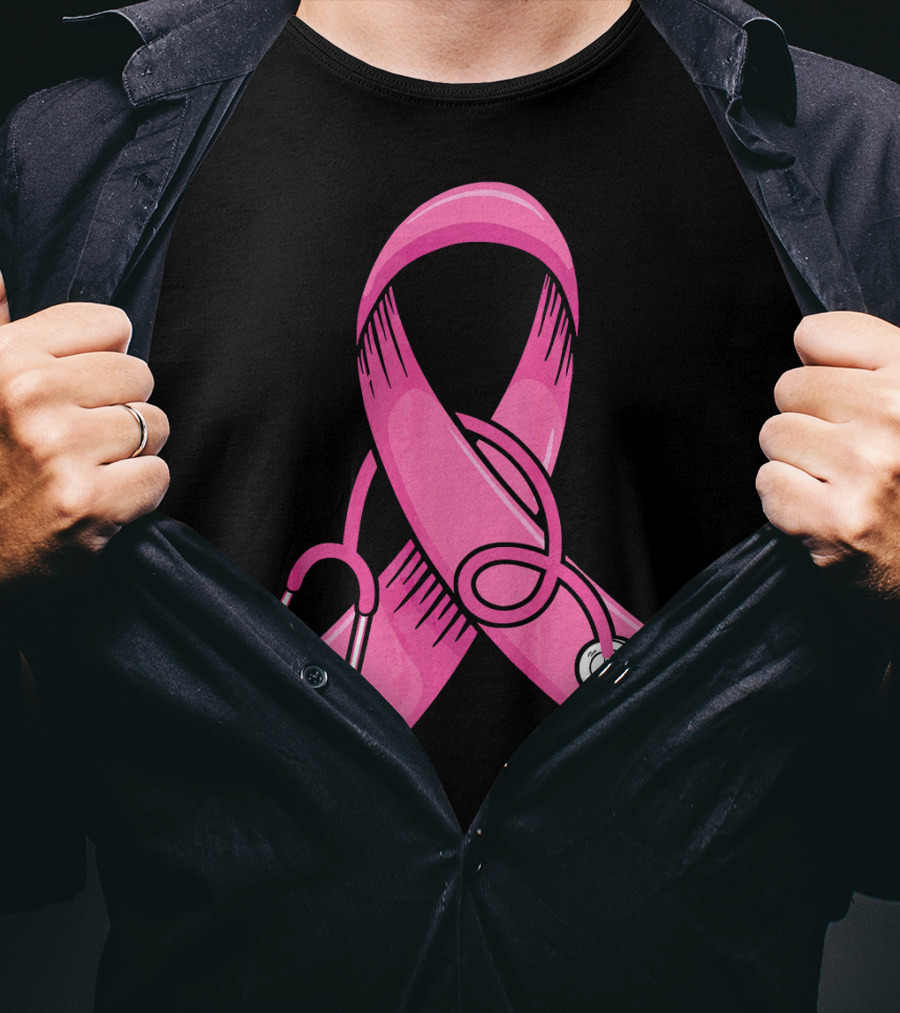 Pink Ribbon Heartbeat Nurse Doctor Breast Cancer Awareness Stethoscope T-Shirt
