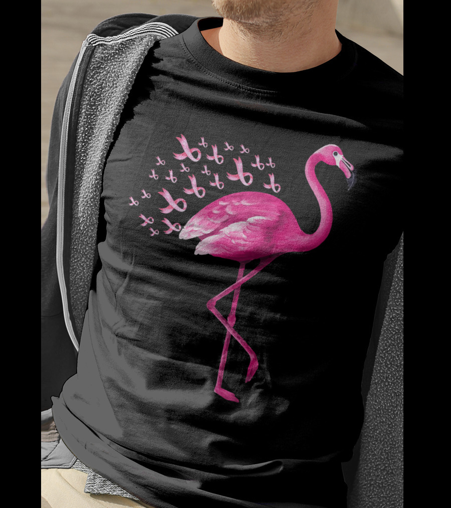 Pink Flamingo With Breast Cancer Awareness Ribbons T-Shirt