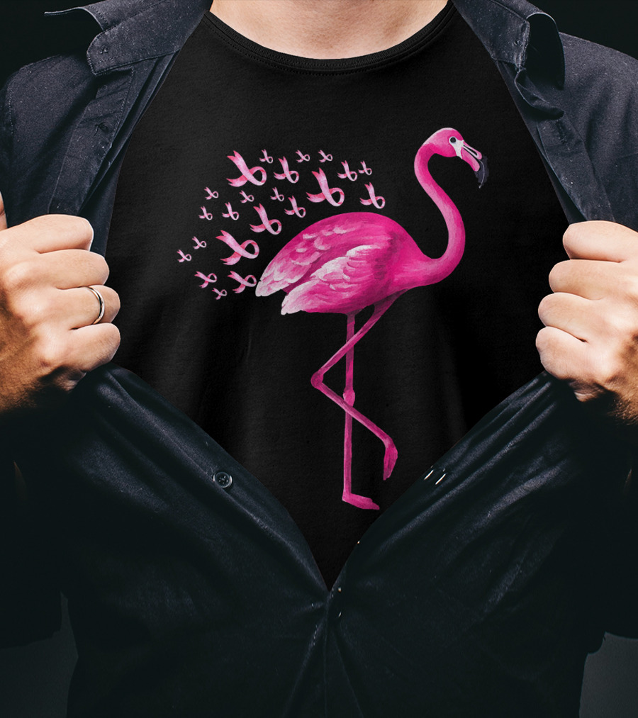 Pink Flamingo With Breast Cancer Awareness Ribbons T-Shirt