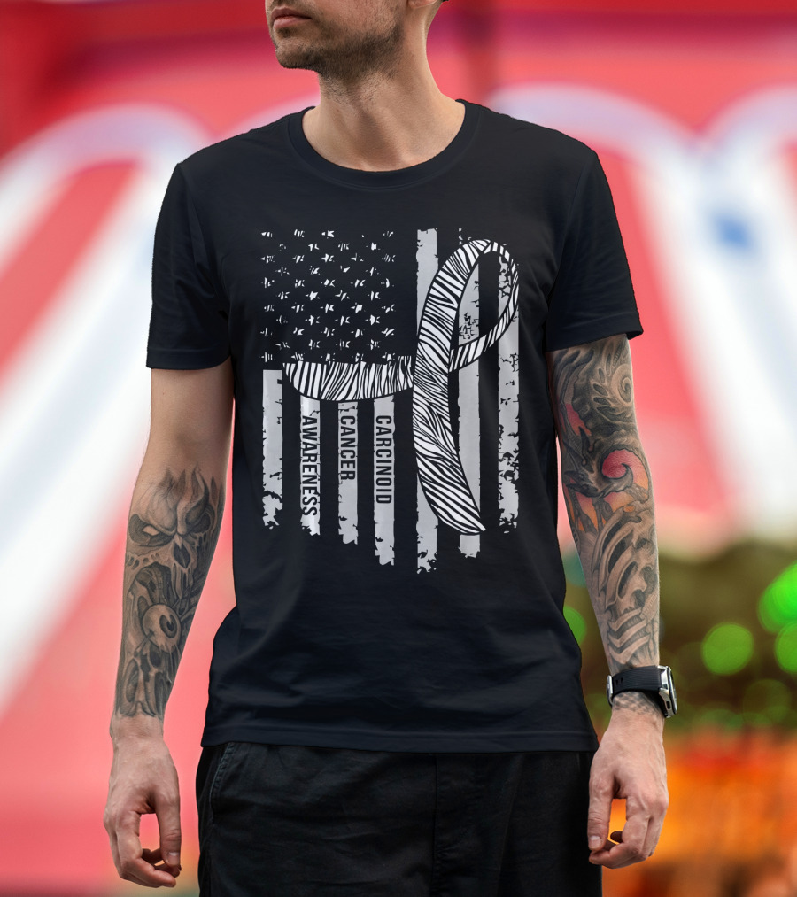 Zebra Ribbon Carcinoid Cancer Awareness American Flag Support T-Shirt