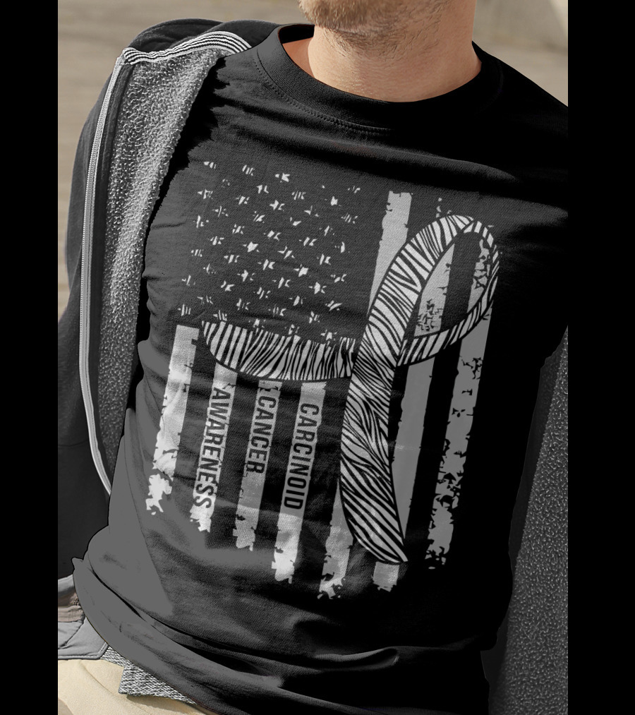 Zebra Ribbon Carcinoid Cancer Awareness American Flag Support T-Shirt