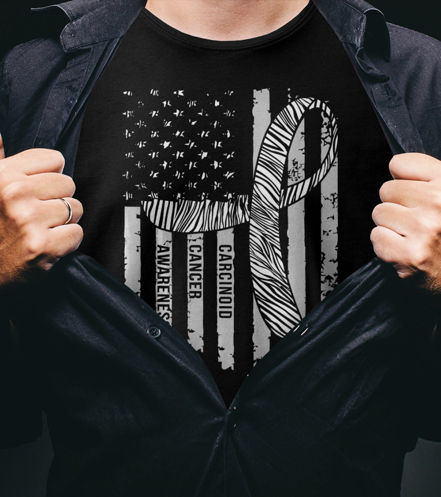 Zebra Ribbon Carcinoid Cancer Awareness American Flag Support T-Shirt