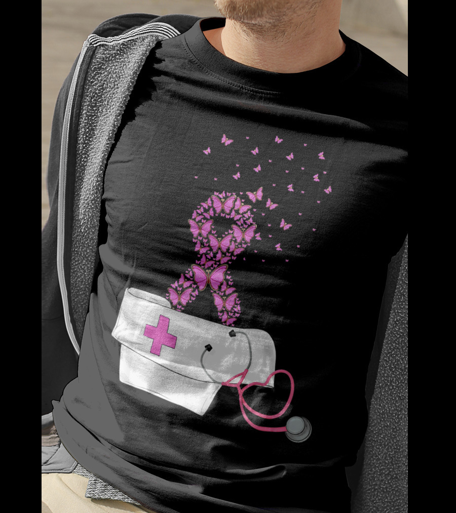 Breast Cancer Awareness Pink Butterfly Ribbon Nurse Doctor Stethoscope Hat T-Shirt