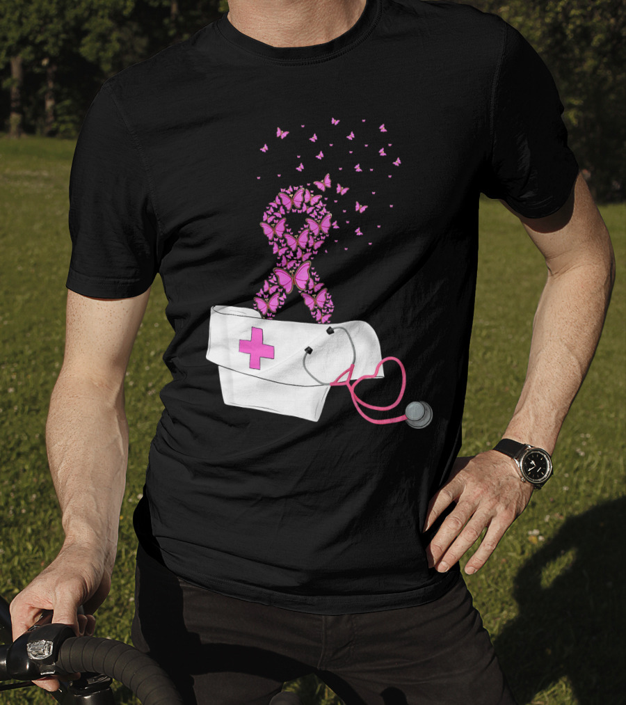 Breast Cancer Awareness Pink Butterfly Ribbon Nurse Doctor Stethoscope Hat T-Shirt