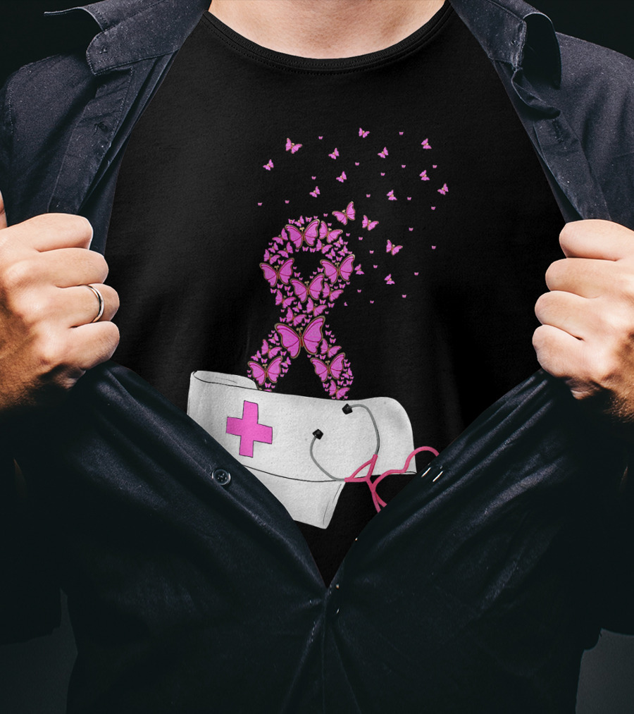 Breast Cancer Awareness Pink Butterfly Ribbon Nurse Doctor Stethoscope Hat T-Shirt
