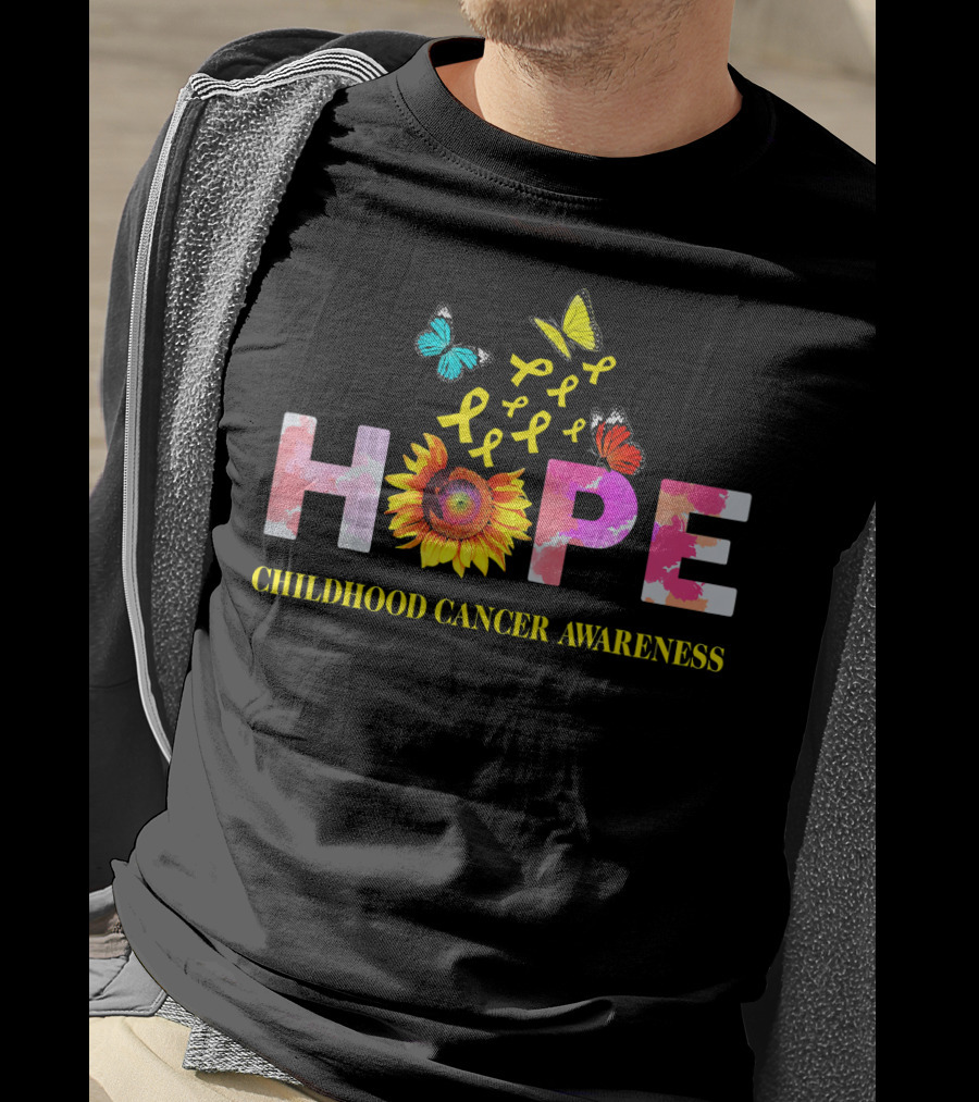 HOPE Childhood Cancer Awareness Yellow Ribbon Butterflies Sunflower T-Shirt