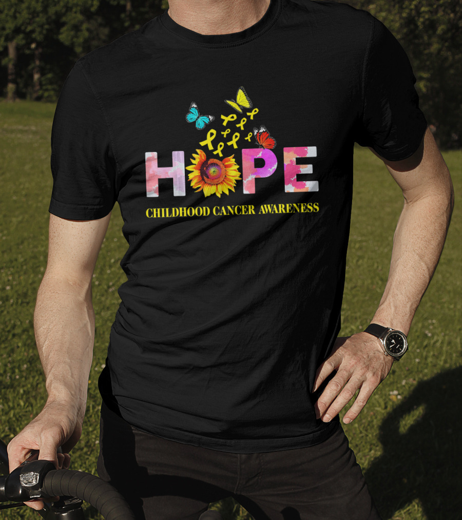 HOPE Childhood Cancer Awareness Yellow Ribbon Butterflies Sunflower T-Shirt
