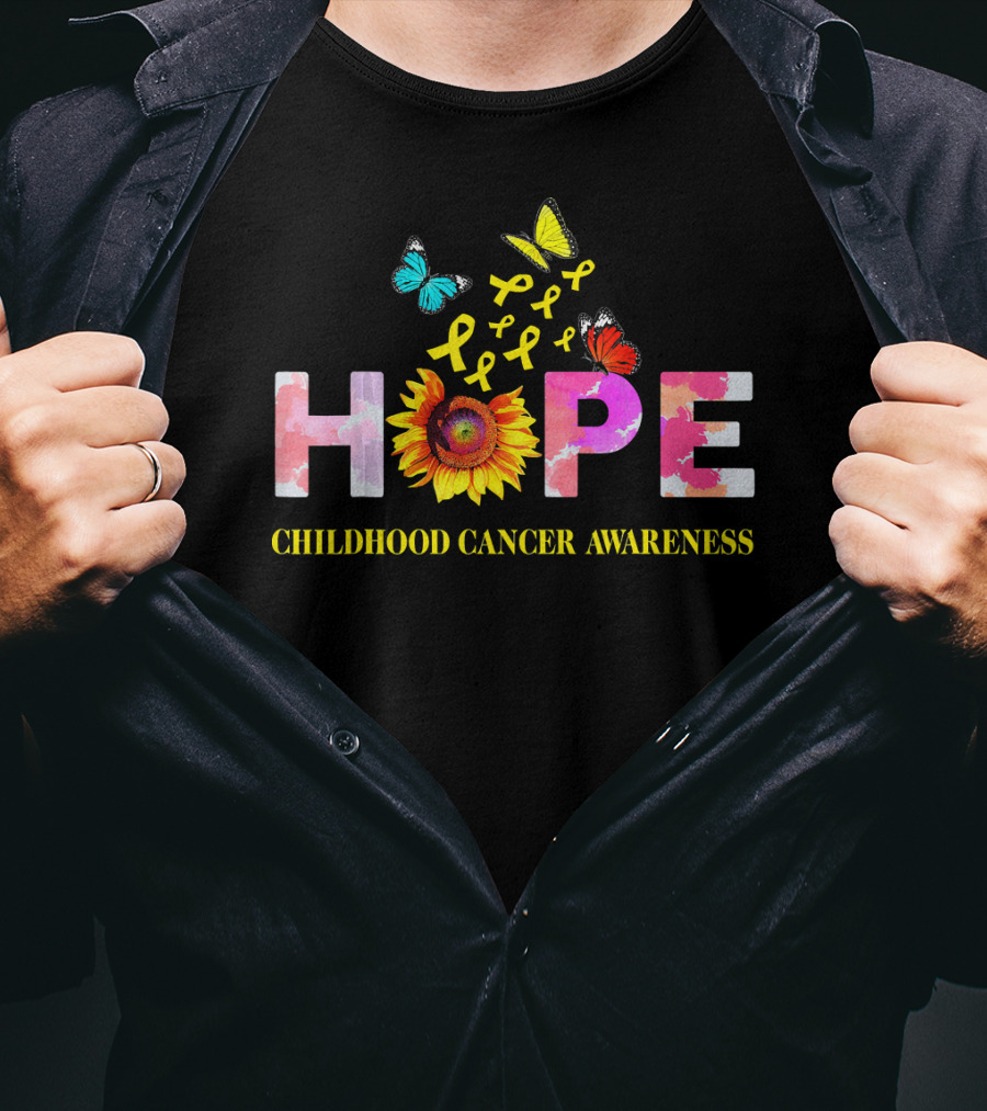HOPE Childhood Cancer Awareness Yellow Ribbon Butterflies Sunflower T-Shirt