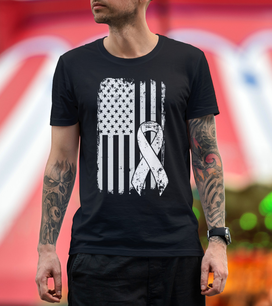 Mens Lung Cancer Awareness Distressed American Flag T-Shirt