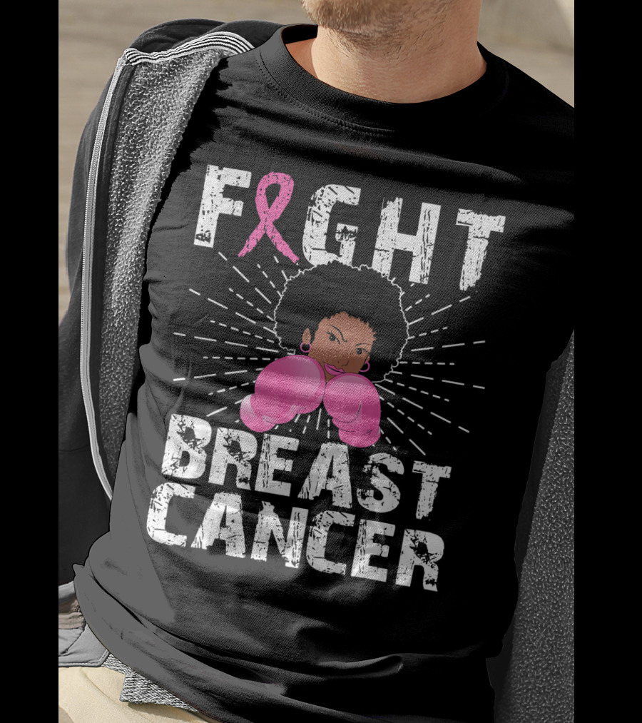 FIGHT Breast Cancer Pink Ribbon Afro Woman Boxing Gloves T-Shirt