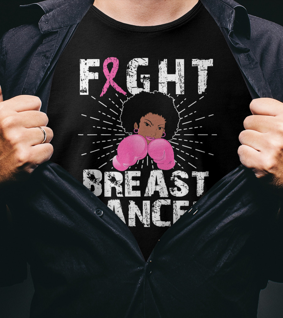 FIGHT Breast Cancer Pink Ribbon Afro Woman Boxing Gloves T-Shirt