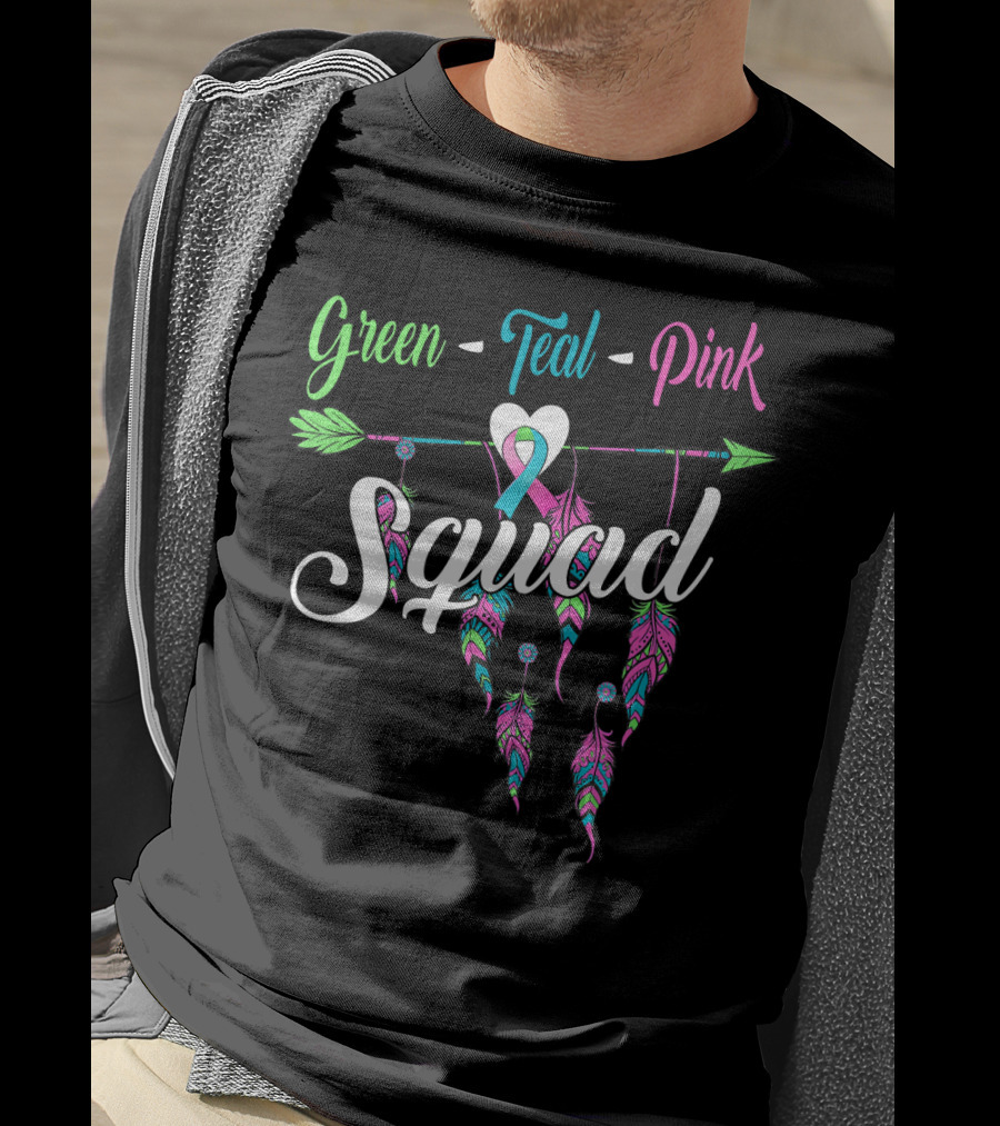 Green Teal Pink Ribbon Arrow Heart Feather Squad T-Shirt