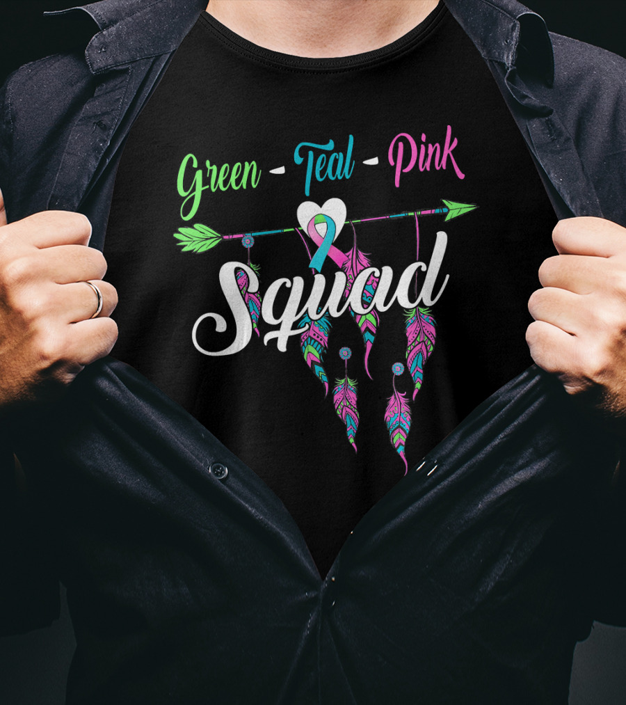 Green Teal Pink Ribbon Arrow Heart Feather Squad T-Shirt