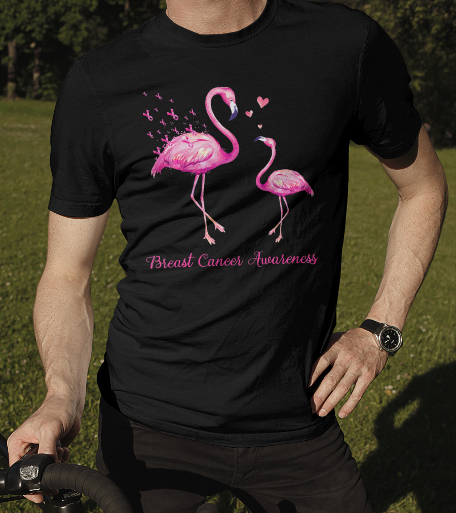 Breast Cancer Awareness Family Flamingo Mom Baby Hearts T-Shirt