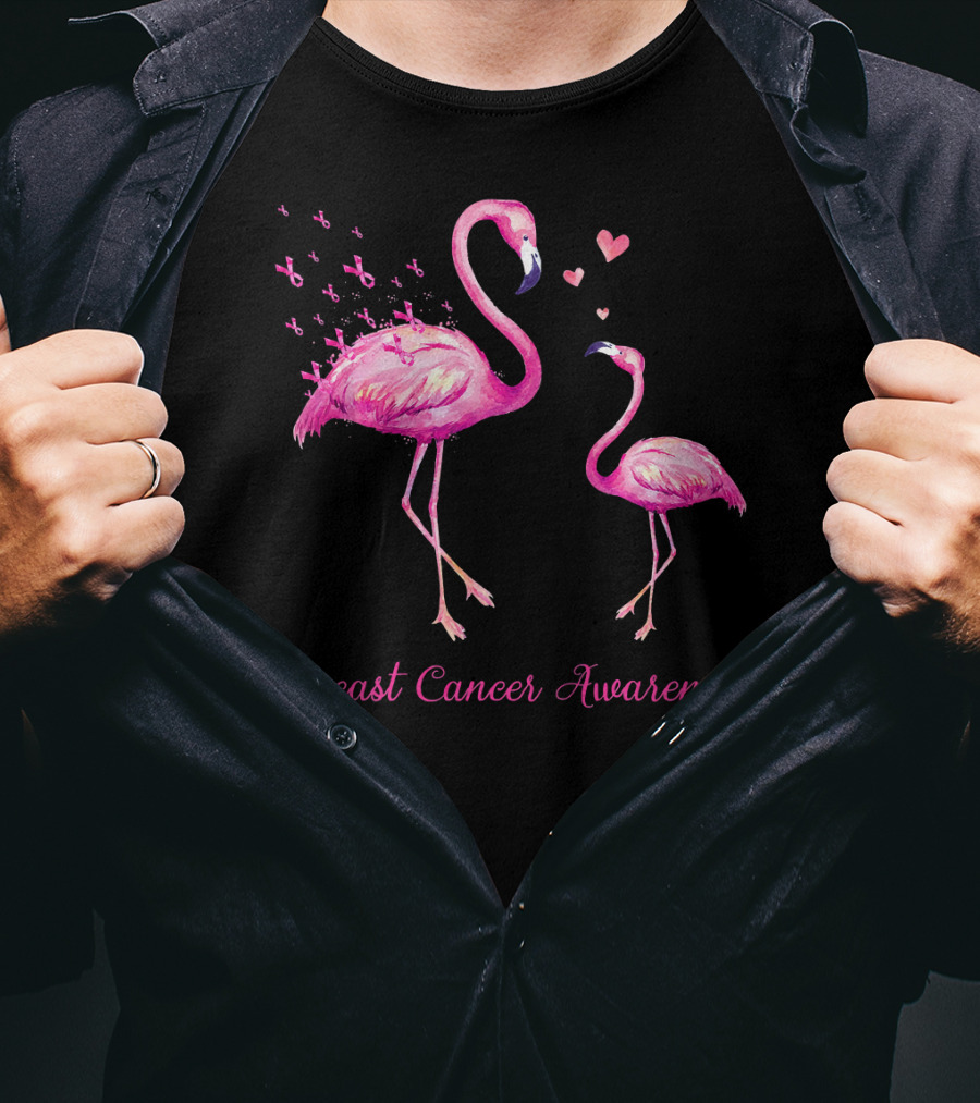 Breast Cancer Awareness Family Flamingo Mom Baby Hearts T-Shirt