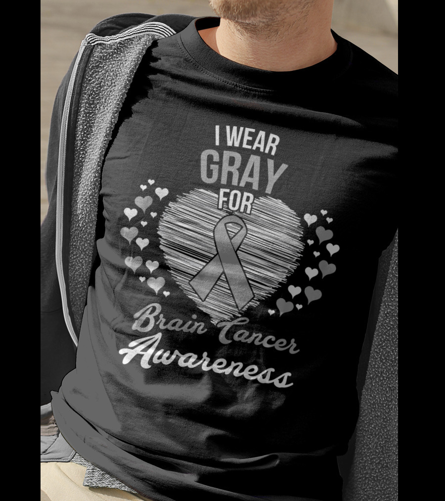 I Wear Gray For Brain Cancer Awareness Ribbon Heart And Hearts T-Shirt