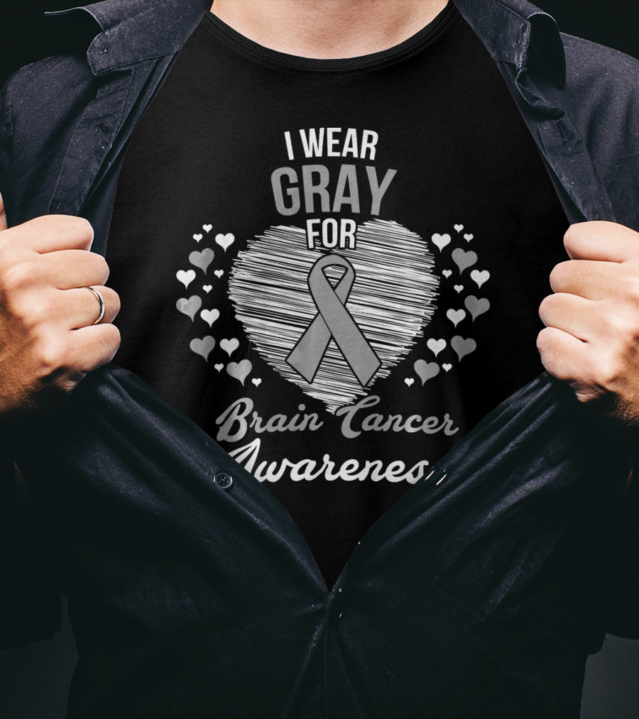 I Wear Gray For Brain Cancer Awareness Ribbon Heart And Hearts T-Shirt