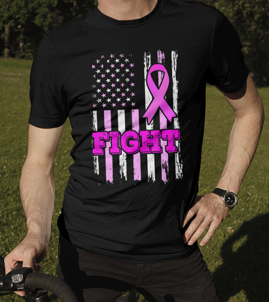 Fight Pink Ribbon American Flag Breast Cancer Awareness T-Shirt