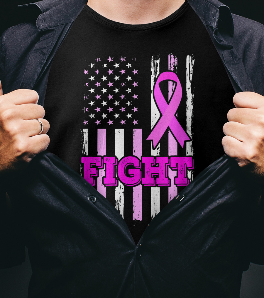 Fight Pink Ribbon American Flag Breast Cancer Awareness T-Shirt