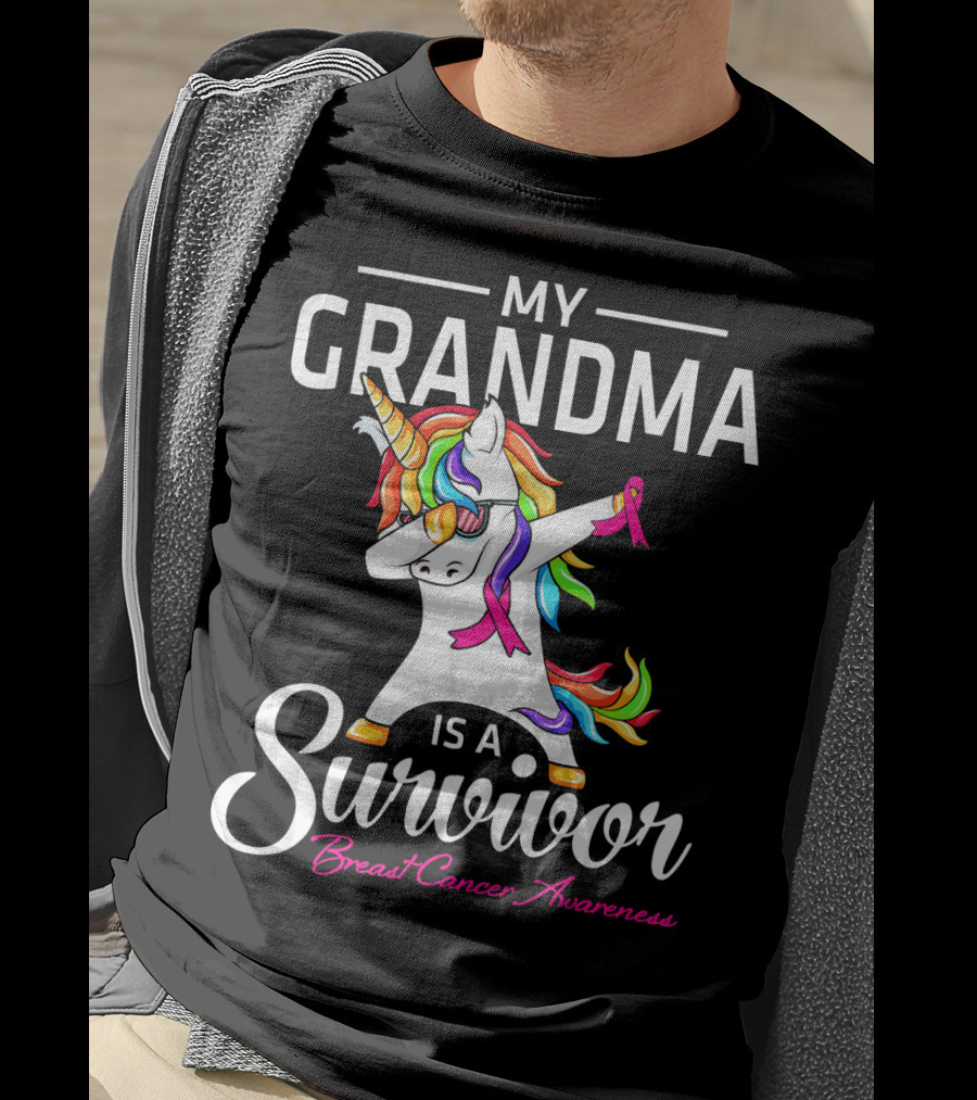 My Grandma Is A Survivor Breast Cancer Awareness Unicorn Dab T-Shirt