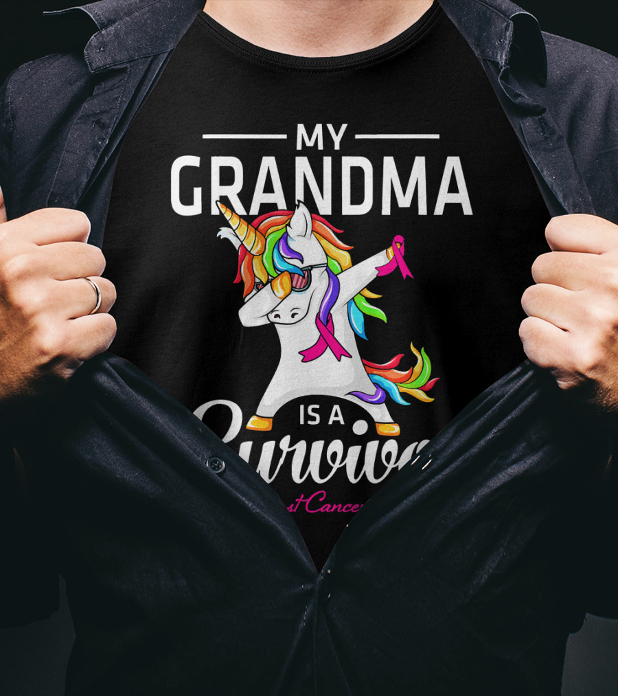 My Grandma Is A Survivor Breast Cancer Awareness Unicorn Dab T-Shirt