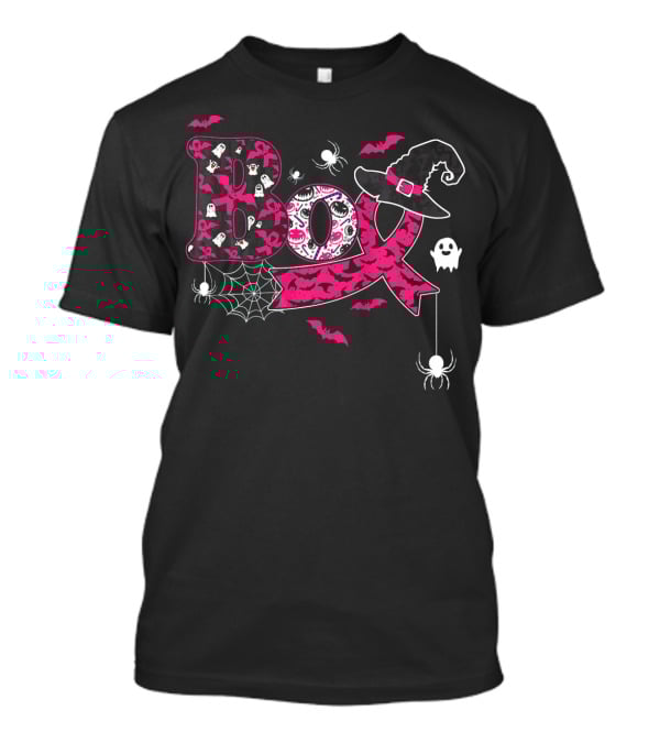 Boo Breast Cancer Halloween Spiders Ghosts Bats Witch Hat T-Shirt