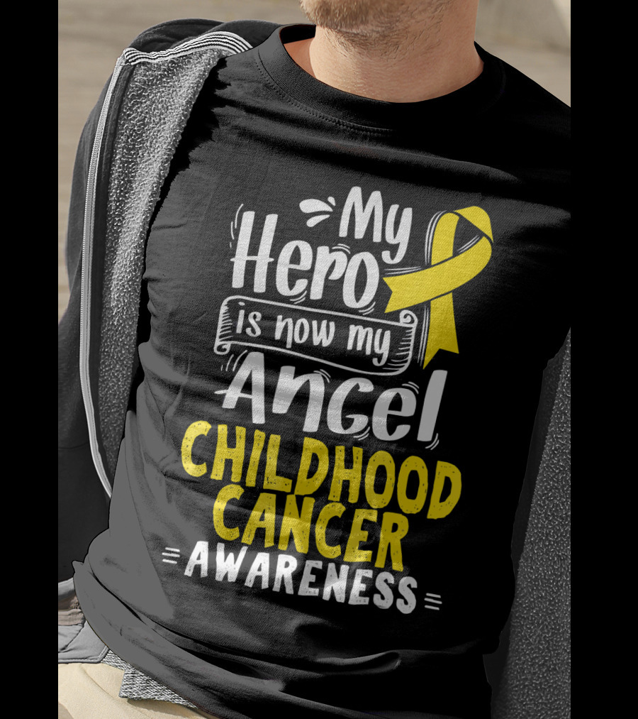 Gold Awareness Ribbon My Hero Is Now My Angel Childhood Cancer Awareness T-Shirt