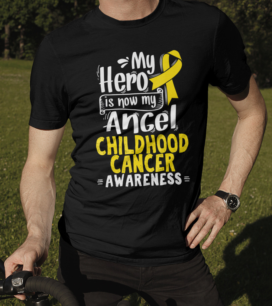 Gold Awareness Ribbon My Hero Is Now My Angel Childhood Cancer Awareness T-Shirt