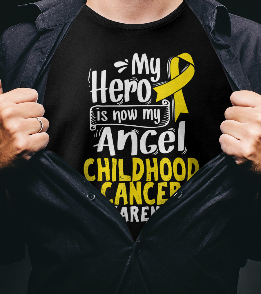 Gold Awareness Ribbon My Hero Is Now My Angel Childhood Cancer Awareness T-Shirt
