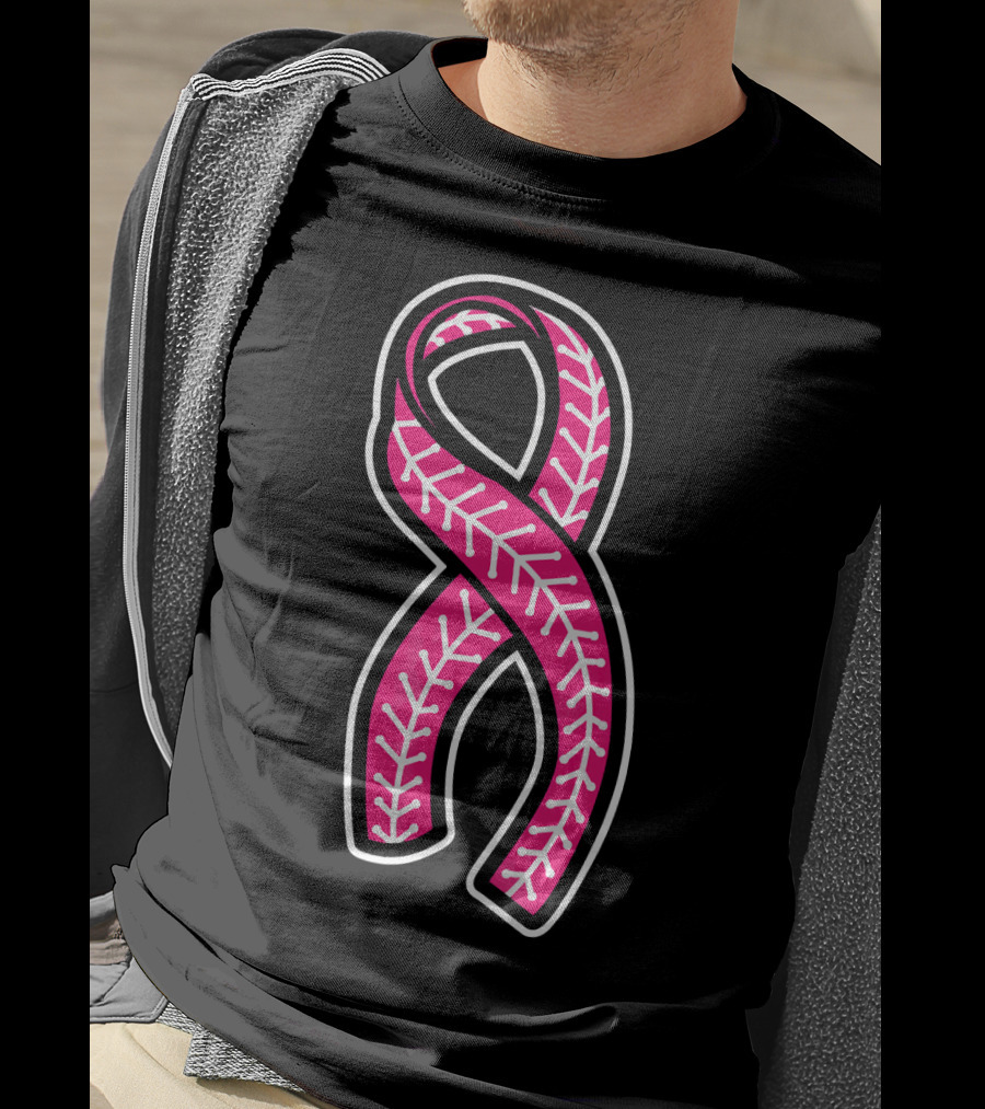 Pink Ribbon Baseball Stitching Breast Cancer Awareness T-Shirt
