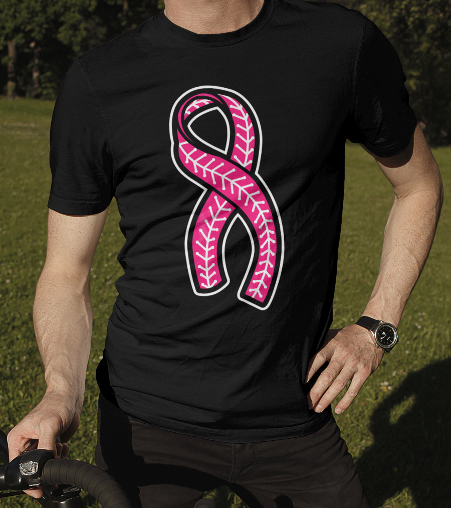 Pink Ribbon Baseball Stitching Breast Cancer Awareness T-Shirt