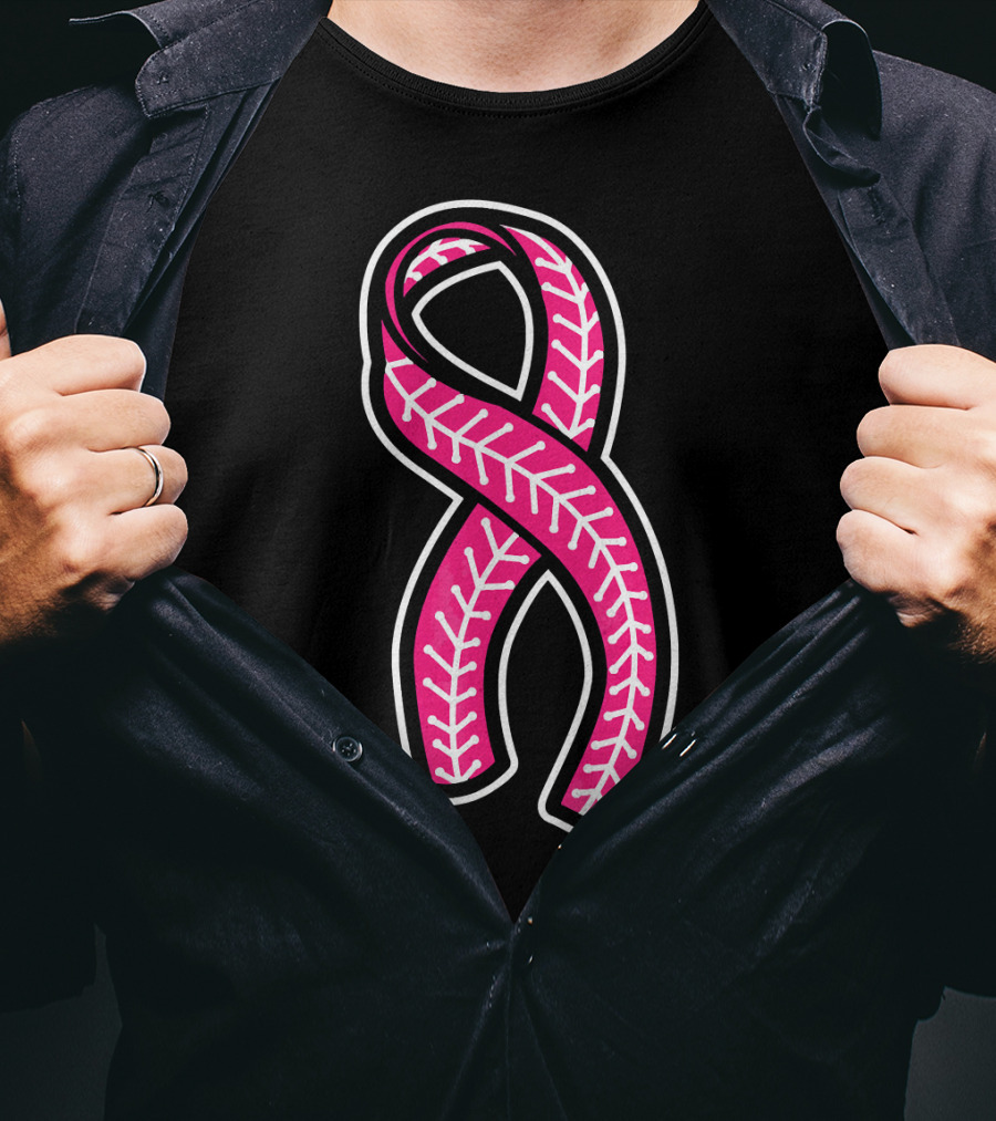 Pink Ribbon Baseball Stitching Breast Cancer Awareness T-Shirt